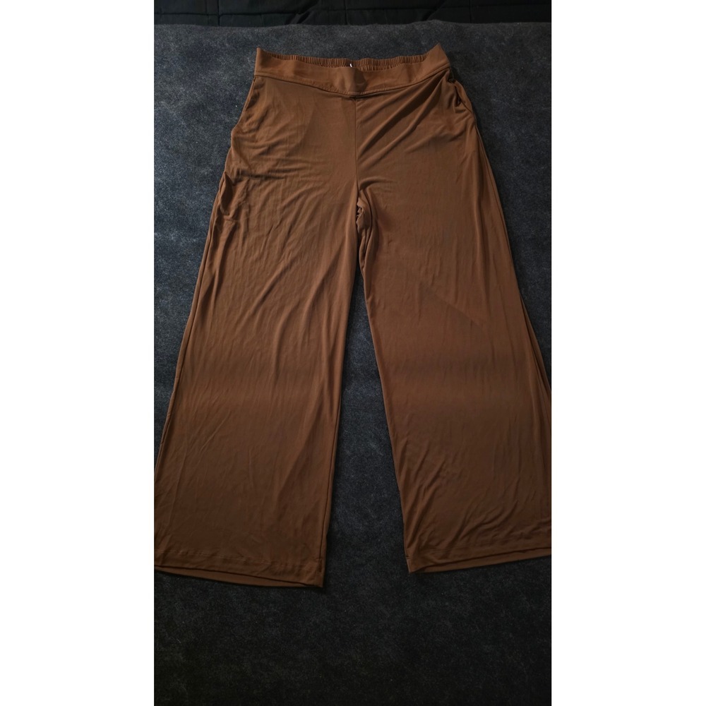 Brown Wide Leg Lounge Pants Elastic Waist Stretch Jersey Trousers with Pockets